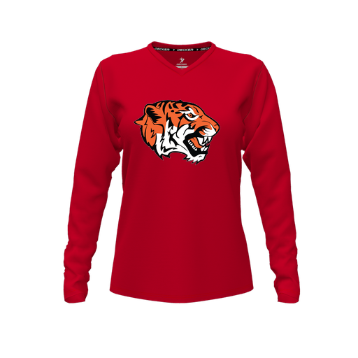 [CUS-DFW-TEES-CMF-VNK-LSL-RED-FYXS-LOGO1] Decker Comfort T-Shirt (Female Youth XS, Red, V Neck, Logo 1, Long Sleeve)