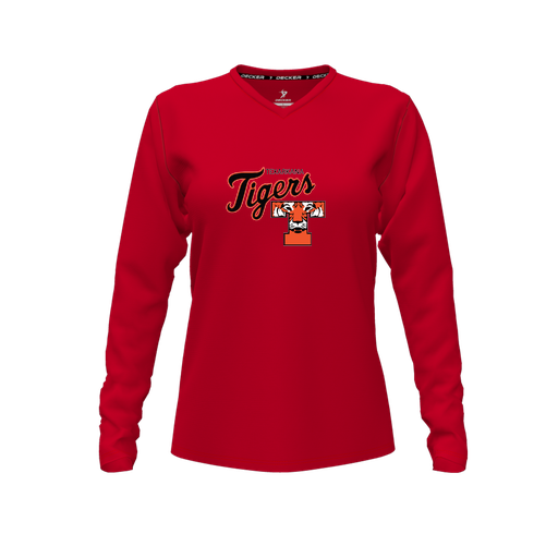 [CUS-DFW-TEES-CMF-VNK-LSL-RED-FYXS-LOGO2] Decker Comfort T-Shirt (Female Youth XS, Red, V Neck, Logo 2, Long Sleeve)