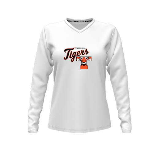 [FTLVPTWH-FYXS-LOGO2] Decker Performance T-Shirt (Female Youth XS, White, V Neck, Logo 2, Long Sleeve)