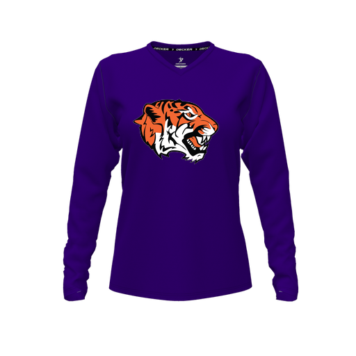[CUS-DFW-TEES-PER-VNK-LSL-PUR-FYXS-LOGO1] Decker Performance T-Shirt (Female Youth XS, Purple, V Neck, Logo 1, Long Sleeve)