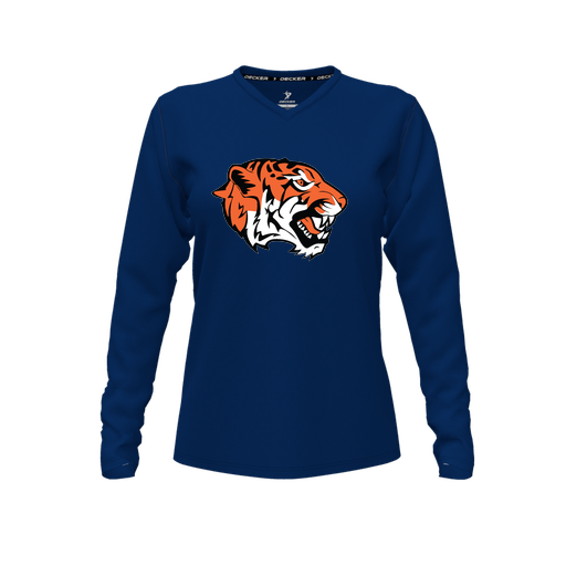 [CUS-DFW-TEES-CMF-VNK-LSL-NVY-FYXS-LOGO1] Decker Comfort T-Shirt (Female Youth XS, Navy, V Neck, Logo 1, Long Sleeve)